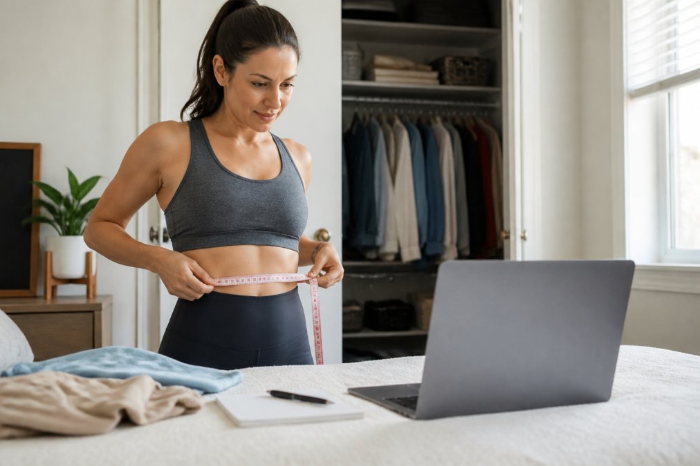 A woman in her thirties holding a soft measuring tape around her waist while looking at a laptop screen showing a size chart, in a bright bedroom with a closet behind her