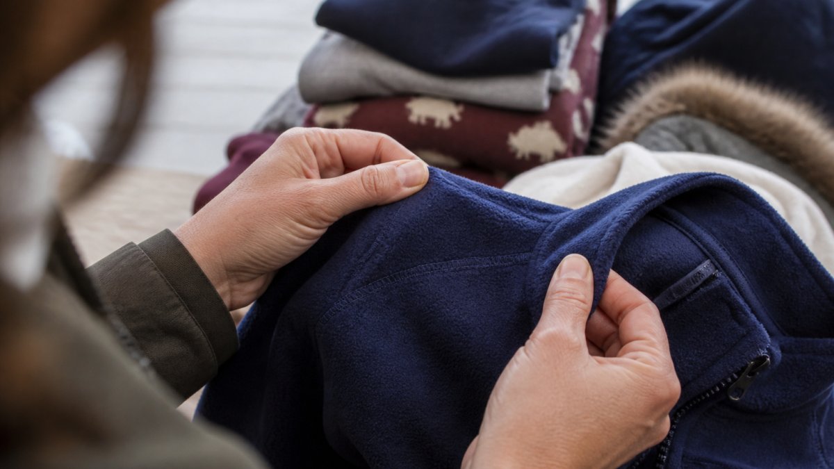 Hands inspecting the reinforced stitching on a navy fleece jacket to check for garment durability.