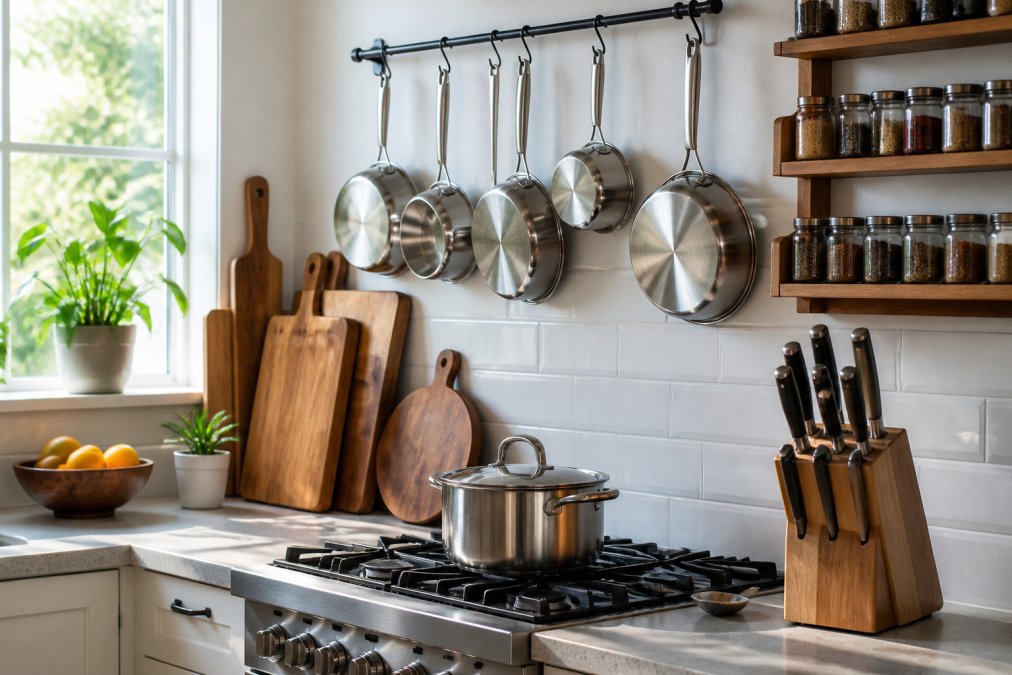 Well-organized modern kitchen showing stainless steel cookware hanging on wall, wooden cutting boards on counter, organized spice rack, and quality knives in knife block with natural morning light streaming through window