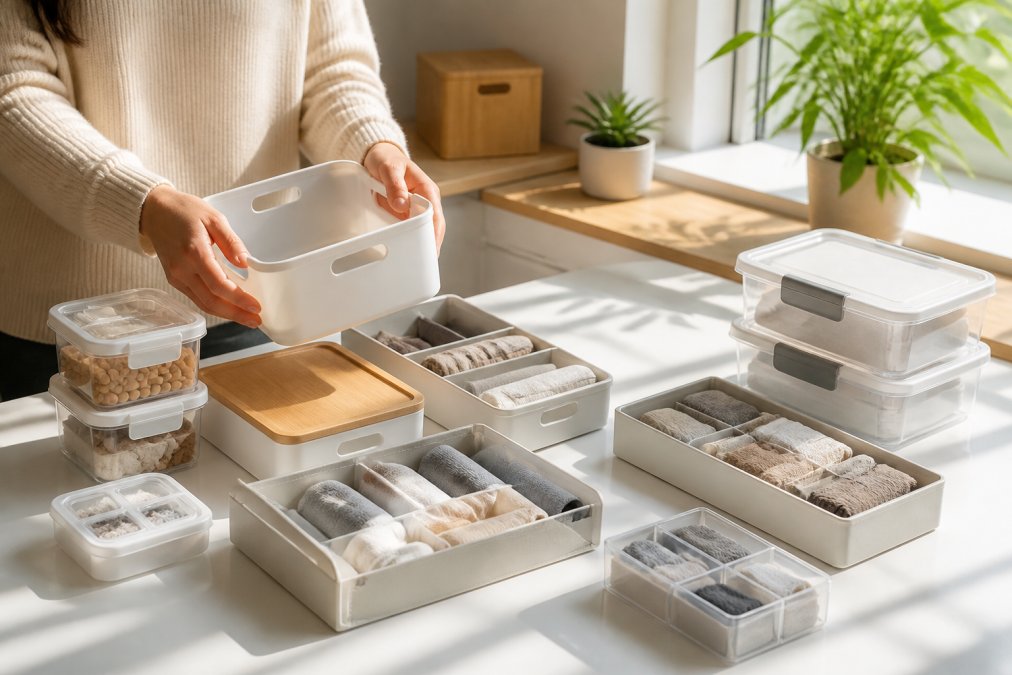 Hands arranging modern home organization gadgets on clean white surface including space-saving storage containers, smart organizers, drawer dividers, and minimalist storage solutions with natural window lighting