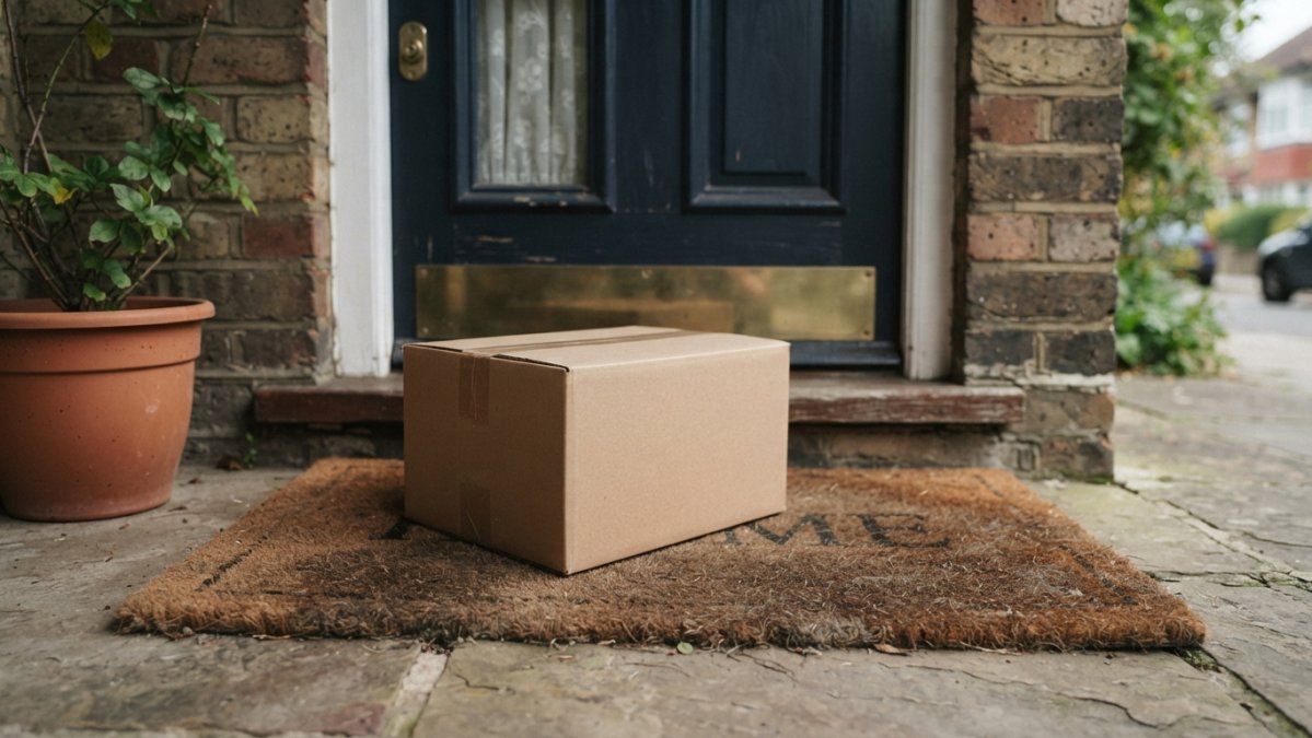 A plain unmarked cardboard parcel sitting on a doormat outside a front door, soft natural daylight, no logos or labels visible