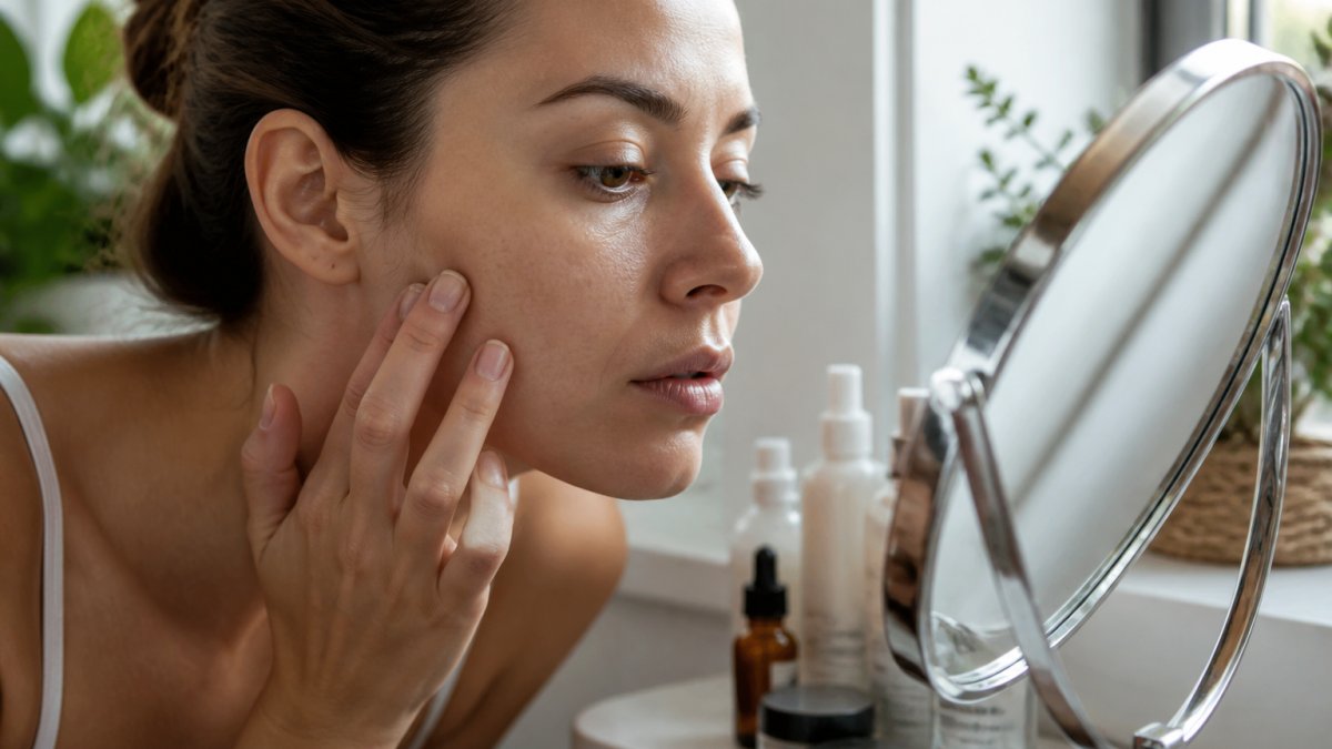 Woman examining her face in natural light near a window, looking closely at skin texture and pores to assess skin type