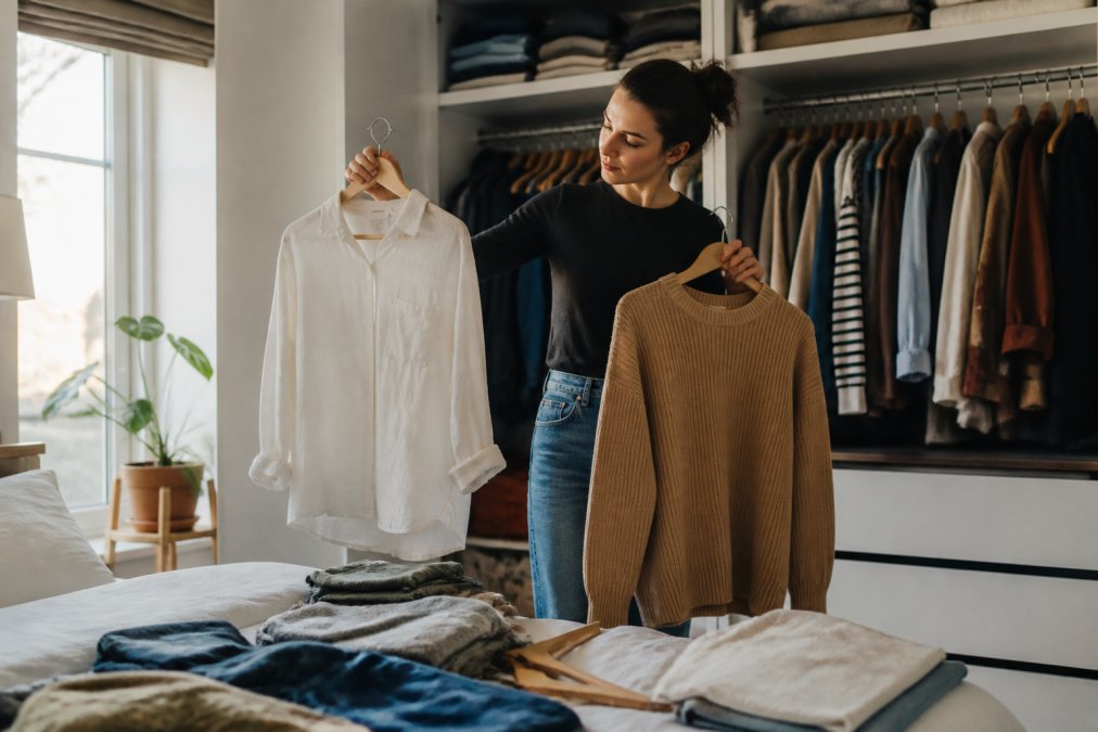 A person in a bright bedroom sorting through a neatly organized closet, holding up a few timeless pieces like a linen shirt and wool sweater, with folded clothes on the bed beside them