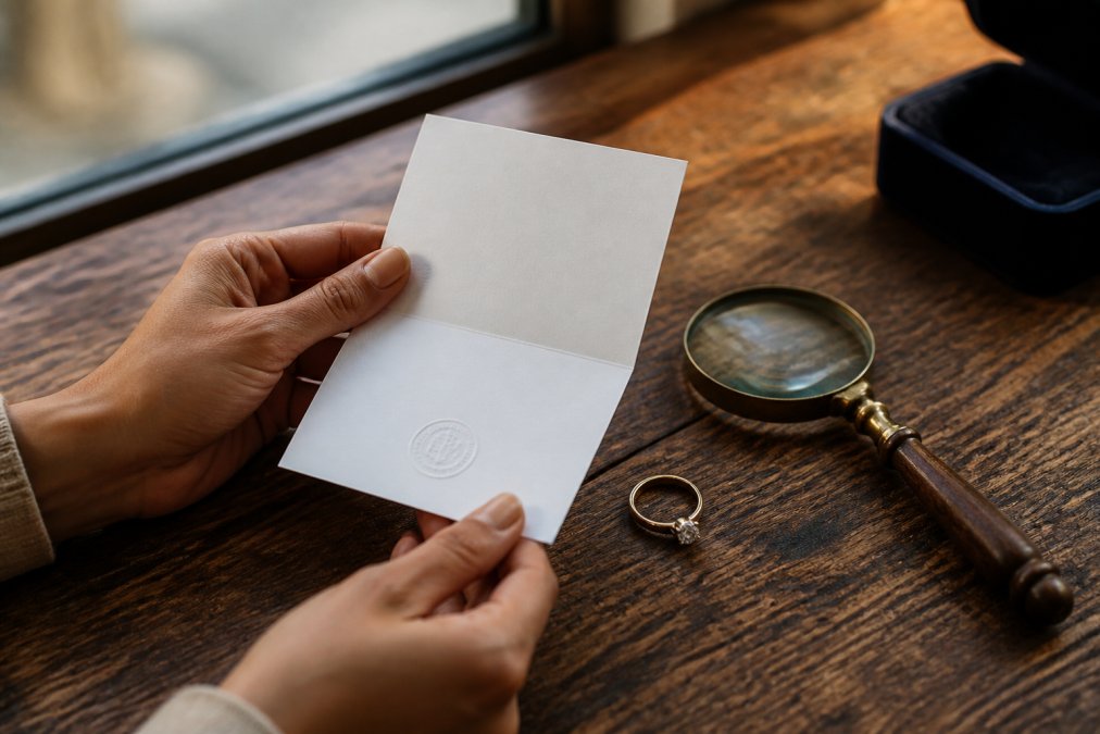 Step-by-step process for verifying the supply chain of sustainable engagement rings using a certificate and loupe.