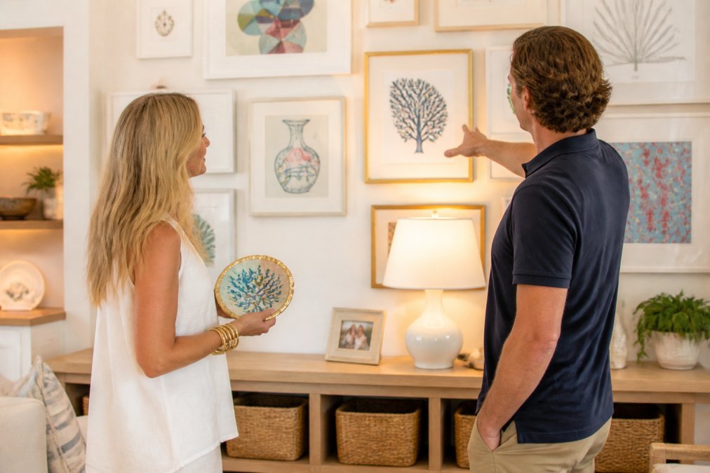 Well-arranged gallery wall displaying framed original art pieces, prints, and decorative objects at varying heights with warm accent lighting and neutral background
