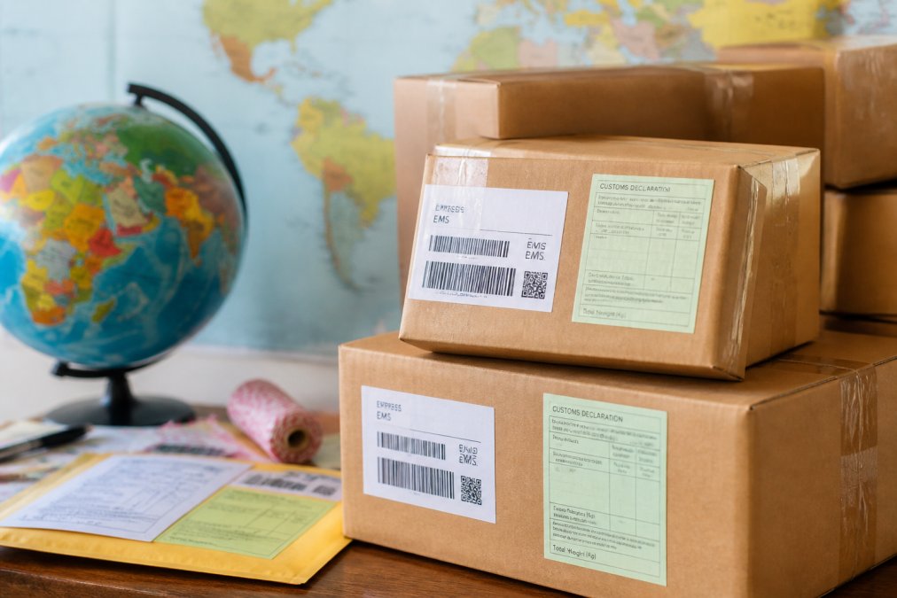 Stack of international shipping boxes with tracking labels and customs declaration forms visible, globe and world map in soft focus background