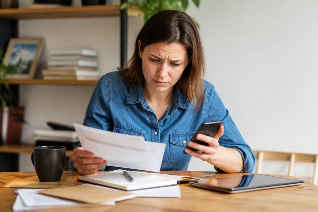 Person at a desk with laptop and phone, looking at bank statements or transaction history, concerned expression, notebook and pen nearby