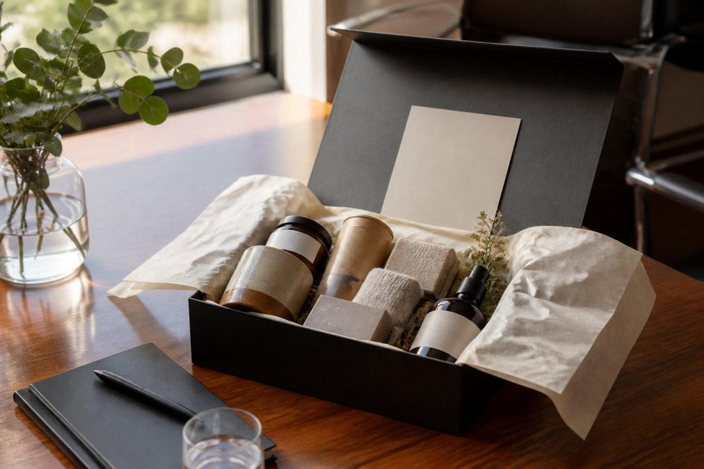 A beautifully arranged premium gift box open on a polished wooden desk, revealing quality Australian-made products nestled in ivory tissue paper, with a branded card resting against the inner lid, soft natural light from a nearby window