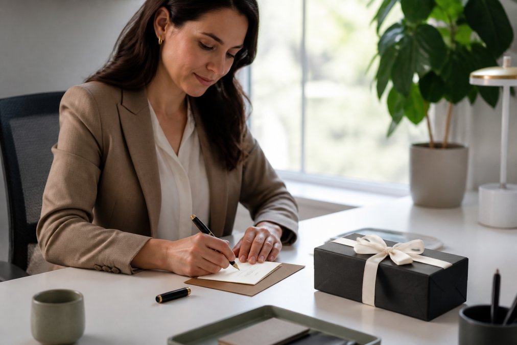 A professional in a light-filled office writing a handwritten note card with a fountain pen, a neatly wrapped premium gift box resting beside them on a clean white desk, warm morning light coming through a window behind