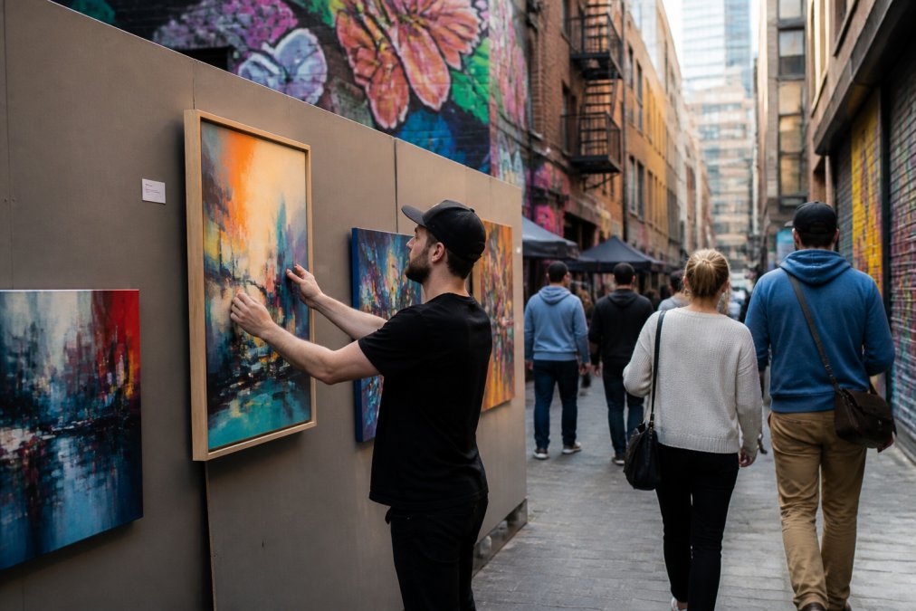 A visual artist presents framed work to pedestrians in a busy laneway.
