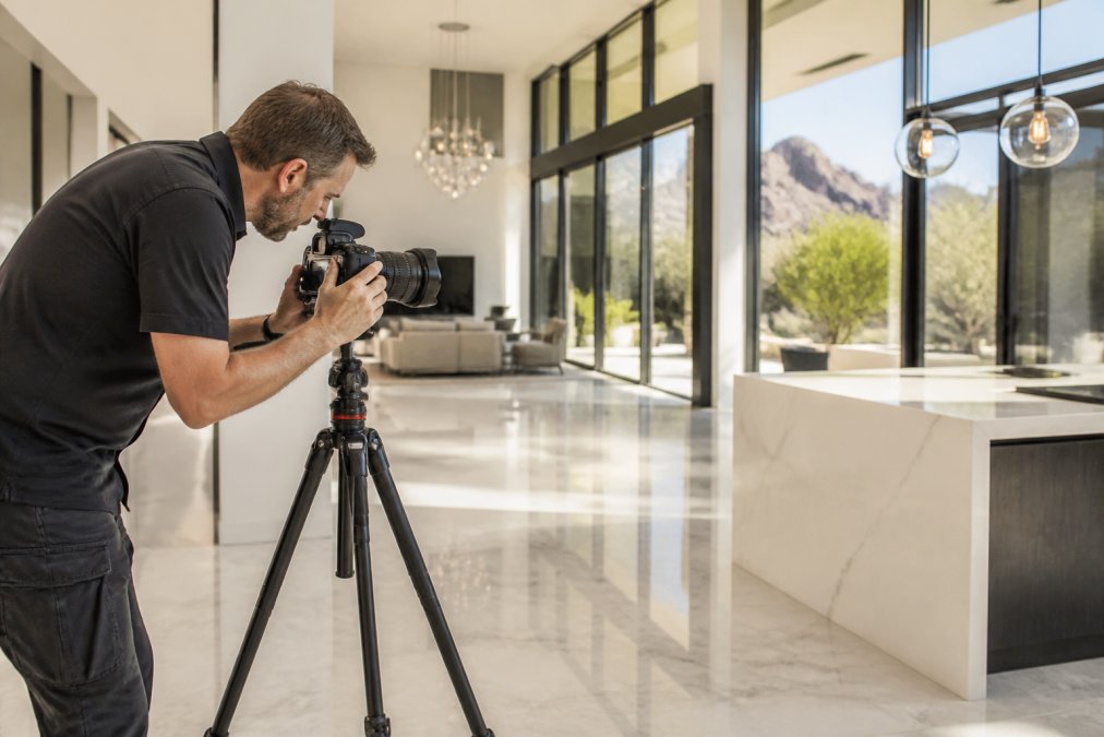 A professional photographer adjusting a DSLR camera on a tripod inside a bright, modern luxury home with floor-to-ceiling windows and high-end finishes, natural light flooding the marble floors