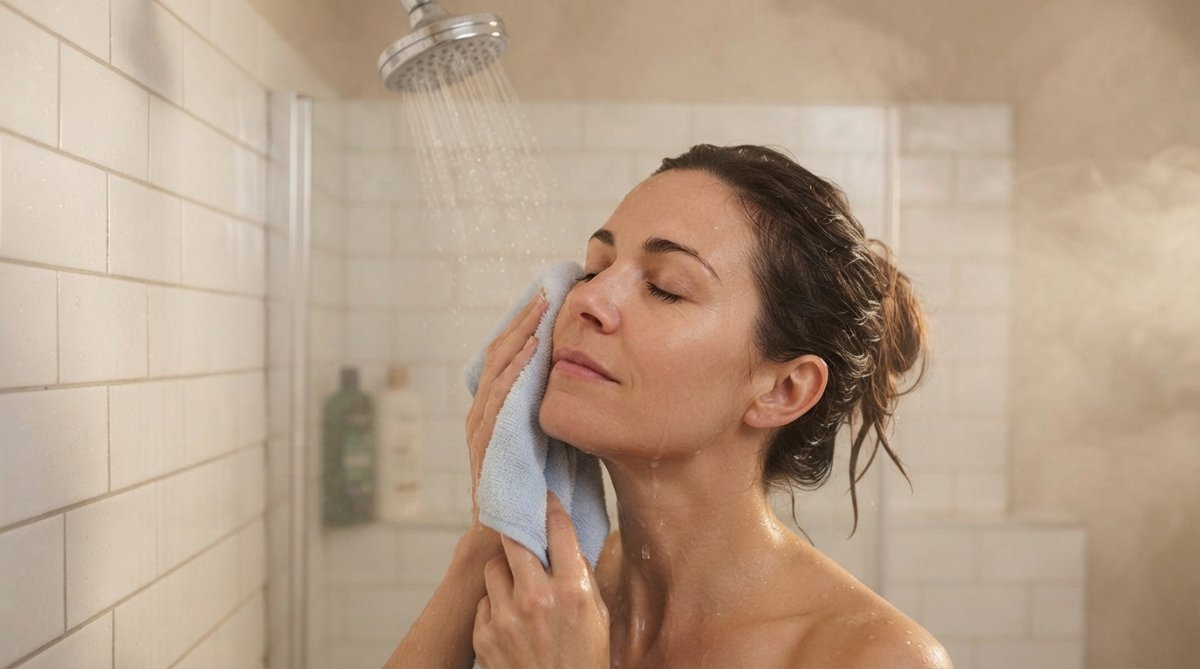 Woman in a shower with her head tilted back slightly, using a washcloth on her face while keeping her eyes closed and face angled away from direct water spray, with warm steam visible in the background