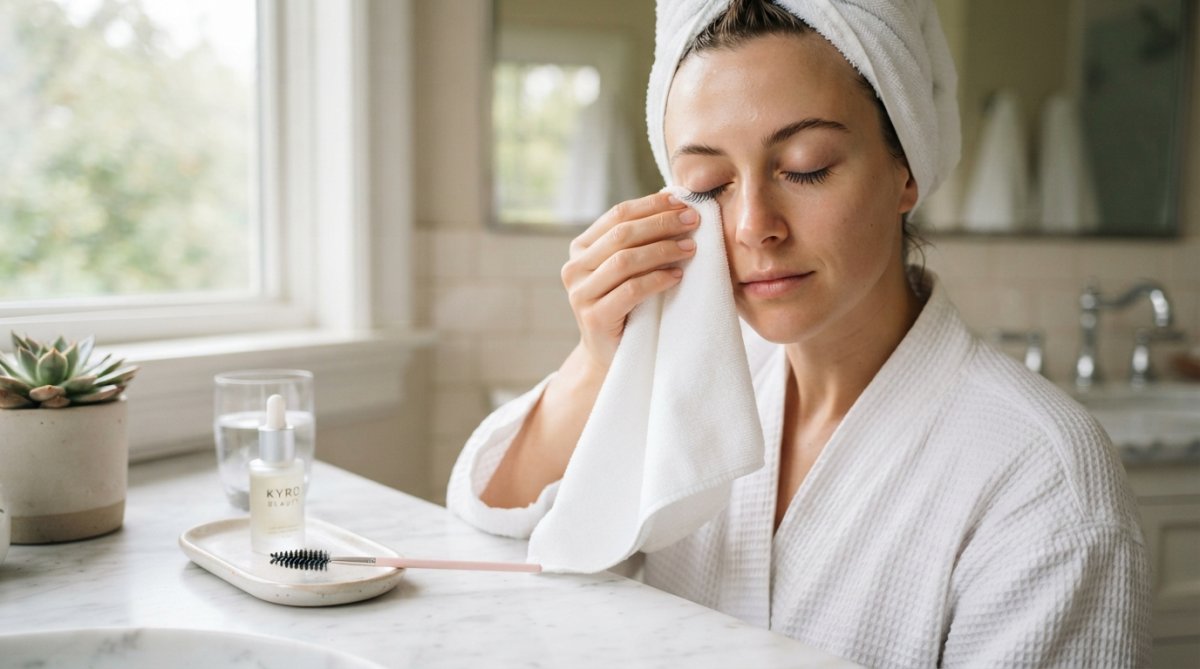 Close-up of a woman gently drying her lashes with a soft microfiber cloth or lint-free towel after showering, with a spoolie brush visible nearby on a marble bathroom counter with natural window lighting
