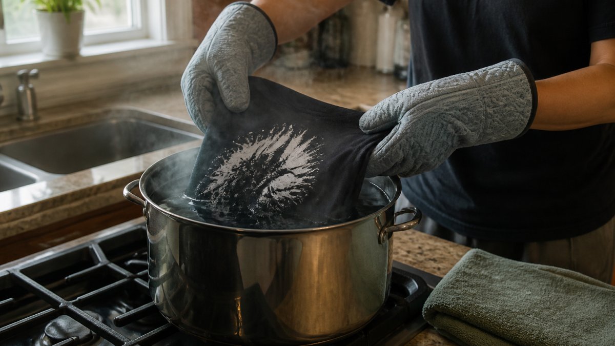 Person in oven mitts lowering a folded graphic t-shirt into a large pot of steaming water on a stove.