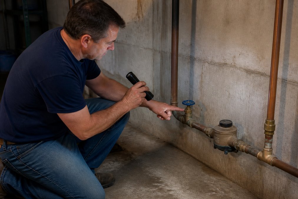 A homeowner kneeling in a basement, pointing to a gate valve on a copper pipe near the water meter, with a flashlight in hand