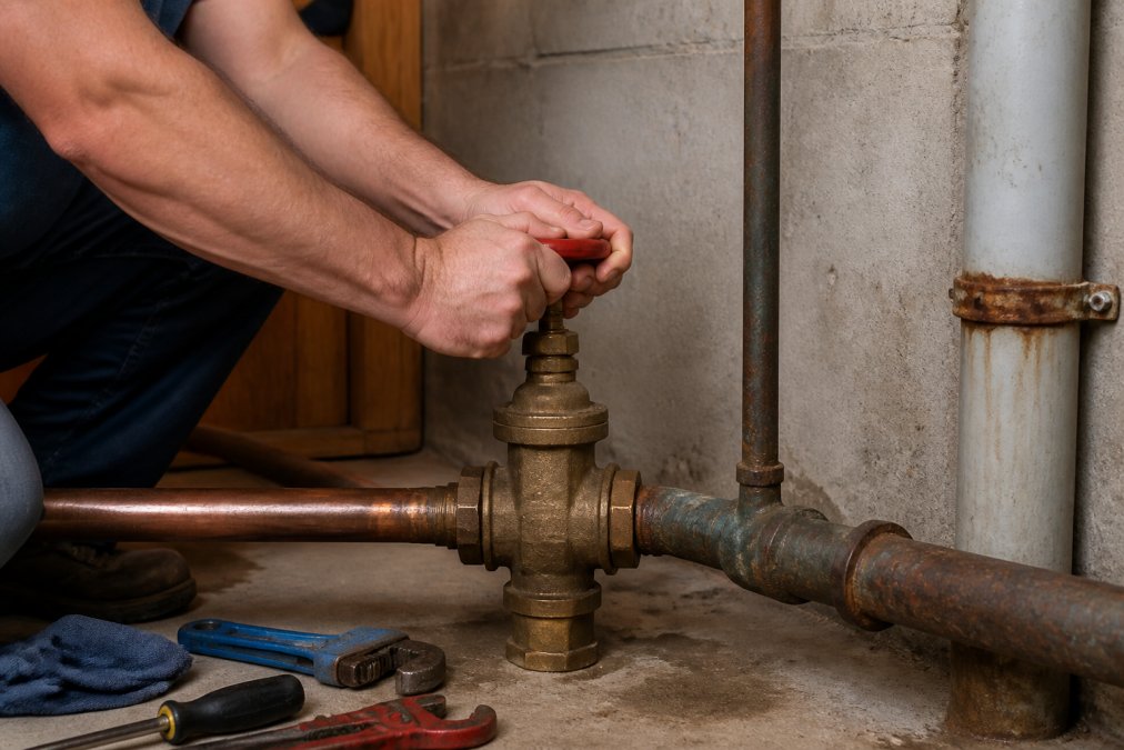 Professional plumber's hands gripping a gate valve handle in a basement utility area, demonstrating proper hand positioning and grip technique with clear overhead lighting