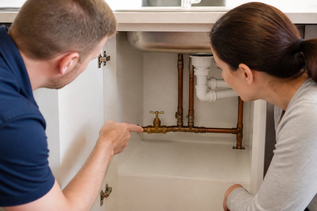 Homeowner's hand pointing to a brass stopcock valve located under a kitchen sink with visible copper pipes and white cabinet interior in bright natural light