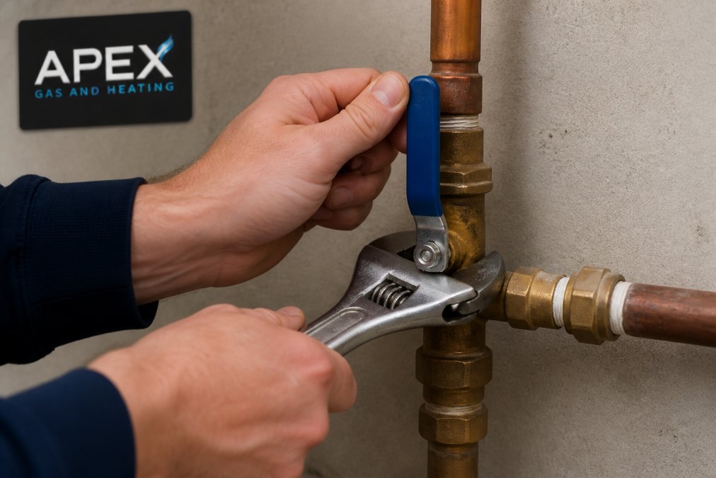 Hands in close-up demonstrating a quarter-turn valve being rotated clockwise with a wrench, showing correct hand positioning and the valve lever moving from horizontal to vertical position