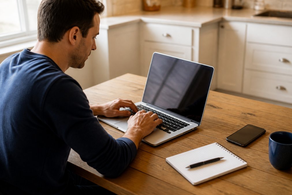Step-by-step process for account verification during data privacy monitoring on a laptop and smartphone.