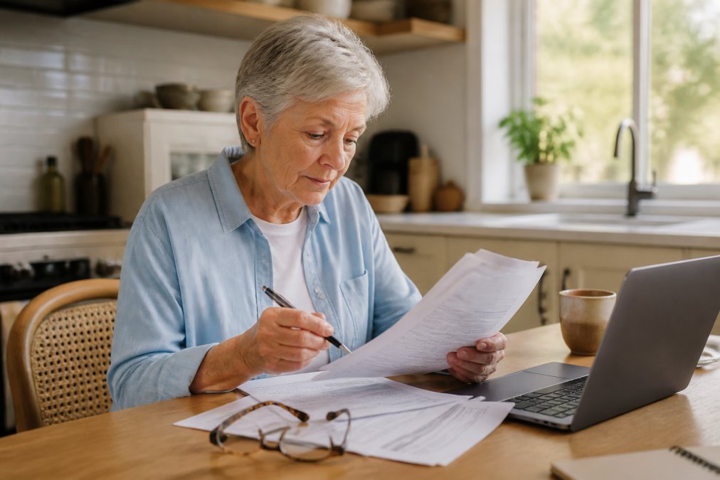 A senior woman sitting at a kitchen table with a laptop, reviewing Medicare enrollment paperwork with a pen in hand and reading glasses nearby, warm afternoon light through the window