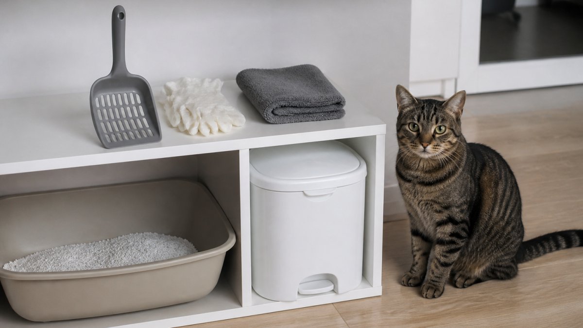 Close-up of cat litter cleaning tools neatly arranged on a shelf, including a scoop, disposable gloves, waste bin, and cleaning cloth, with a tabby cat sitting nearby on a wooden floor