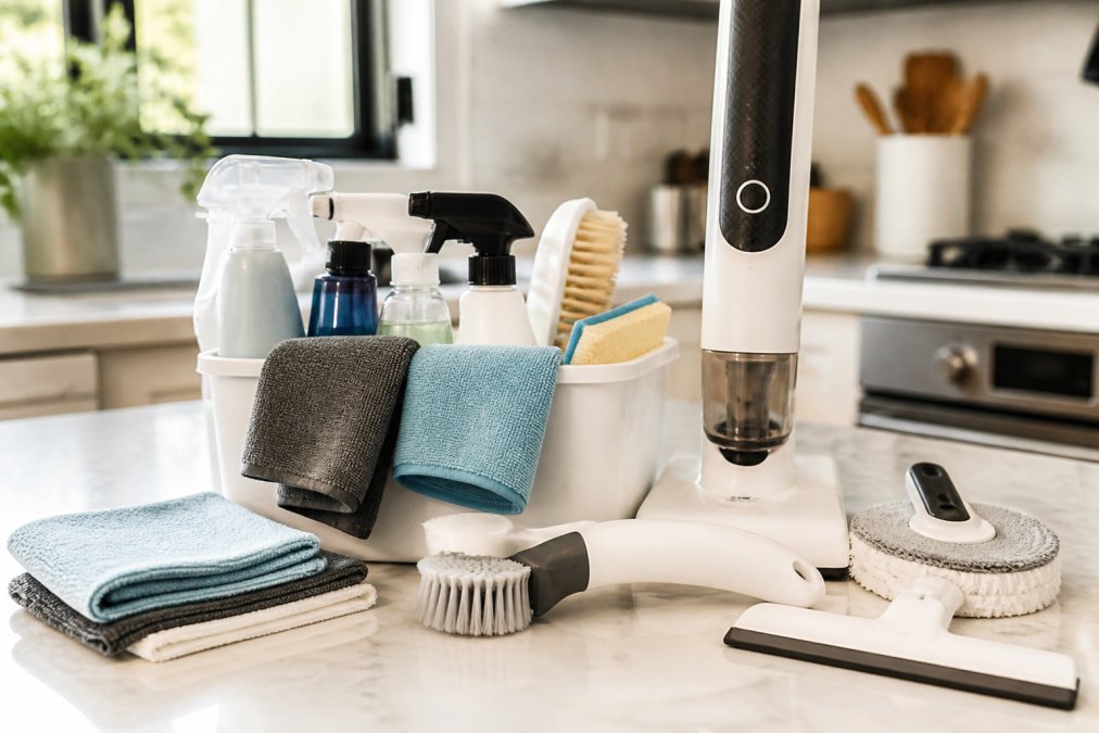 Organized collection of cleaning supplies including microfiber cloths, multi-purpose spray bottles, and modern cleaning gadgets arranged on a bright kitchen counter with natural sunlight