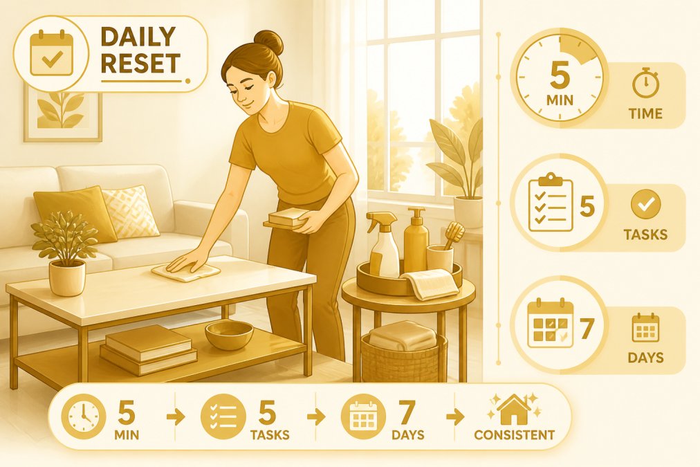 Person performing a quick daily reset task, tidying a living room surface with minimal effort while organized cleaning supplies sit nearby on a side table, bright natural light from windows