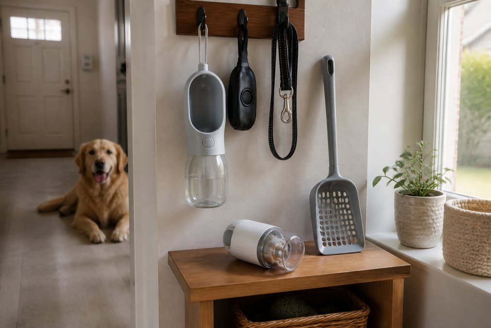 A tidy pet care station in a home hallway with a hanging 2-in-1 dog water bottle and poo scoop, a long-handled cat litter scoop, and a small pet treat launcher arranged on a shelf beside a lead hook, soft morning light from a side window