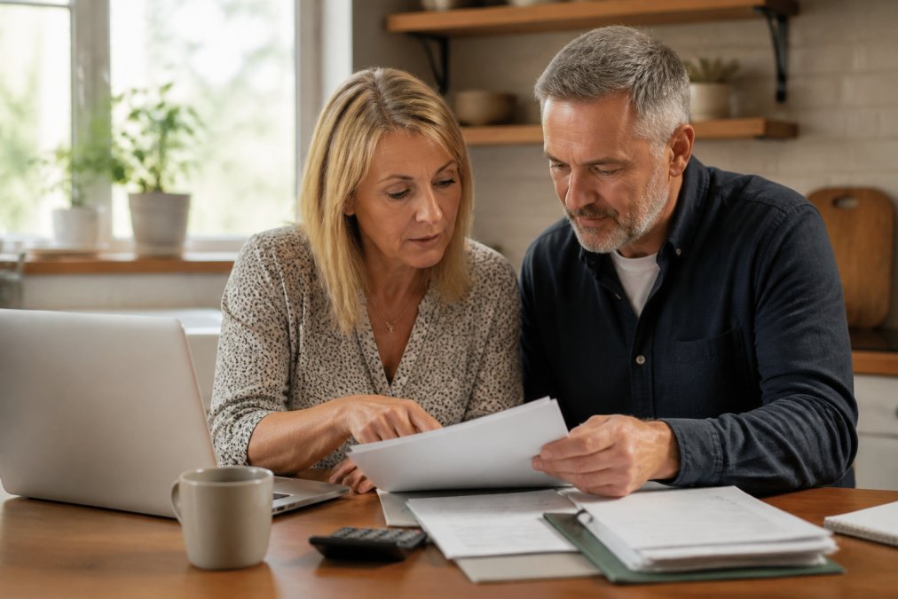 A couple in their 50s sitting at a kitchen table with a laptop, reviewing a folder of financial documents together in warm afternoon light