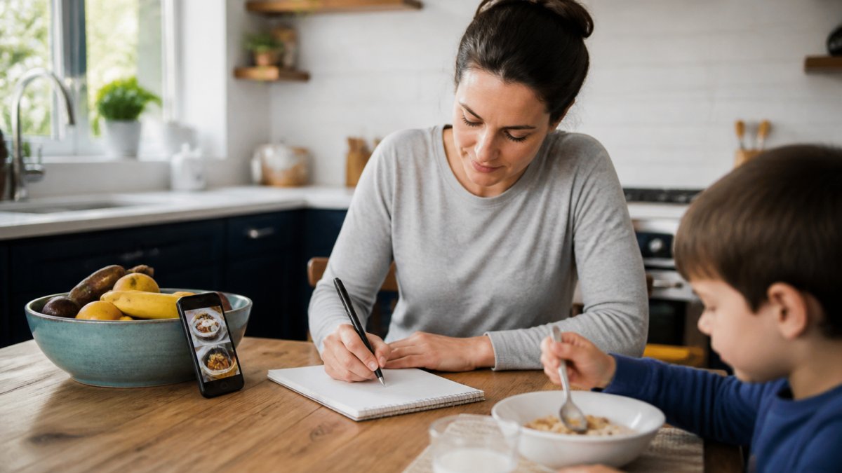A 4-step infographic showing how to simplify meal planning by organizing schedules and using digital recipes.