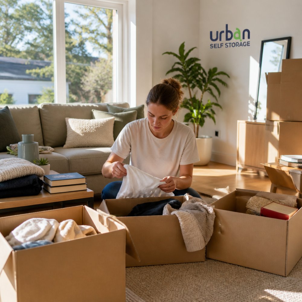 Person sorting household items into labelled boxes for keep, sell, and donate in a bright living room with natural afternoon light streaming through windows
