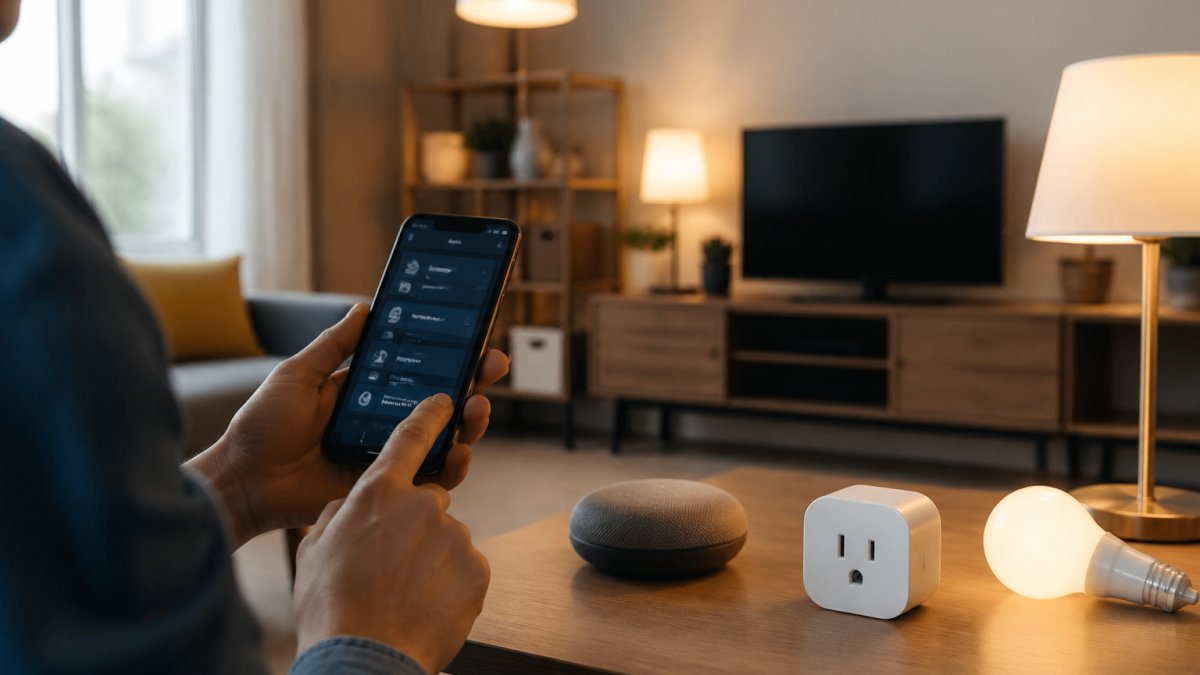 Person using a smartphone app to control smart lights and devices in a modern living room