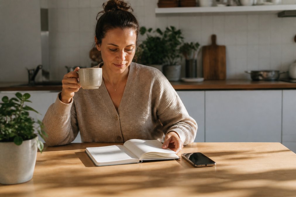 A person sitting at a tidy kitchen table in soft morning light, holding a warm mug and reviewing a small notebook planner, with a phone resting beside it on a wooden surface