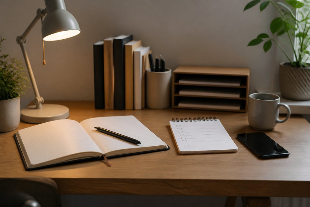 A neatly organised home workspace with an open notebook, a quality pen resting across the pages, a small desk lamp casting warm light, and a phone face-down beside a simple to-do list