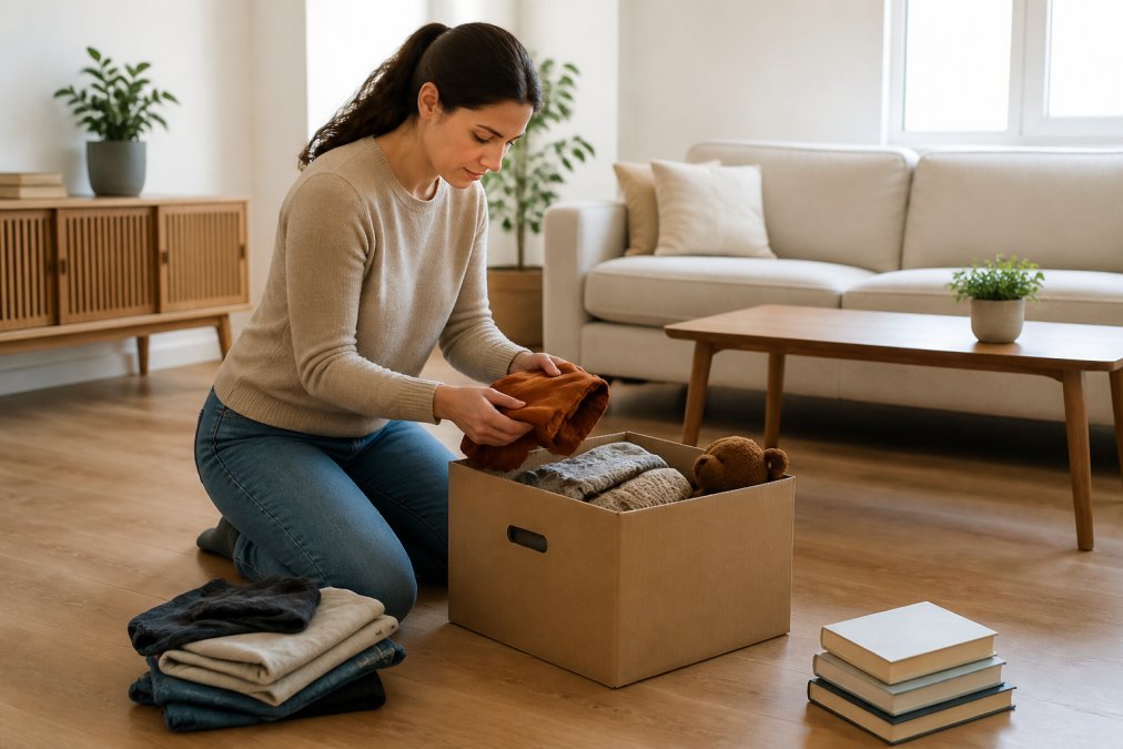 A person in a bright, tidy living room placing a few items into a donation box, with clear surfaces and minimal furniture in the background