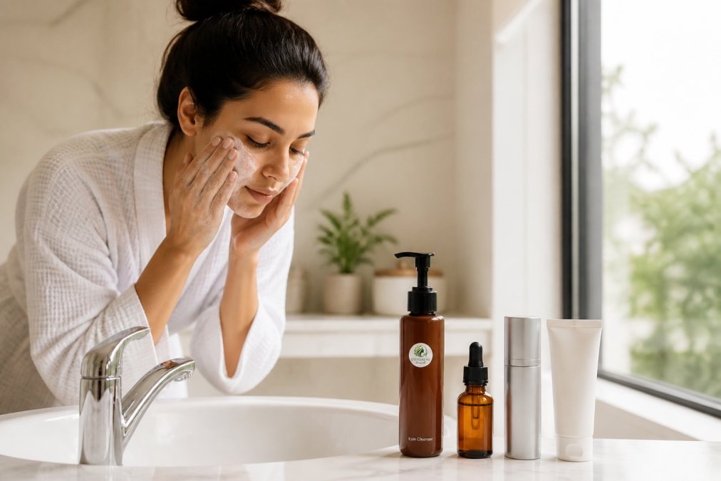 Woman in bright bathroom applying gentle cleanser to her face at sink, with neatly arranged skincare products on marble counter in natural window lighting