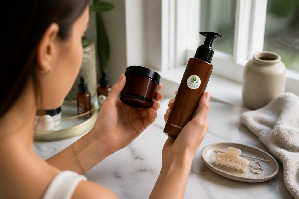 Close-up of woman's hands holding moisturizer jar and serum bottle, examining product labels carefully in bright natural window lighting