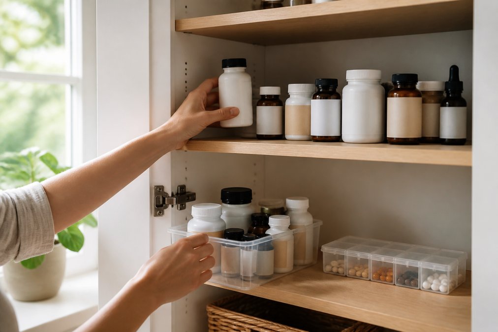 A person's hands organizing a kitchen cabinet shelf with labeled supplement bottles and a weekly pill organizer, morning light coming through a nearby window