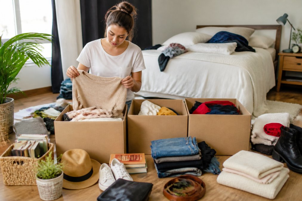 Person sorting items into three labeled boxes marked 'keep', 'donate', and 'discard' on a bedroom floor, with organized piles of clothing and household items visible in natural daylight