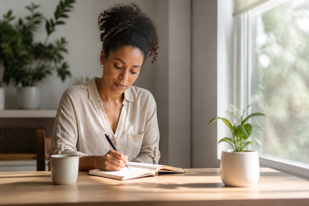 Woman sitting peacefully at a clean desk with a journal, cup of tea, and a single plant, morning light streaming through a window, embodying calm and intention
