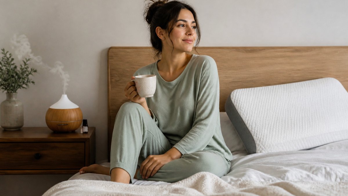 Person in comfortable loungewear relaxing in a calm, minimalist bedroom with soft lighting and a scent diffuser.
