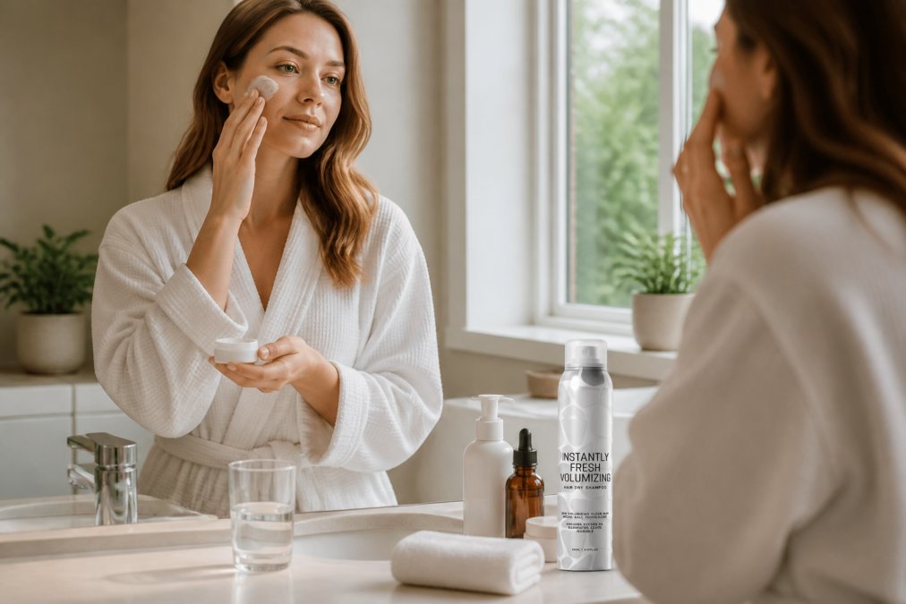 A person calmly standing at a bright, organized bathroom vanity in soft morning light, applying skincare products with a glass of water and neatly arranged essentials on the counter