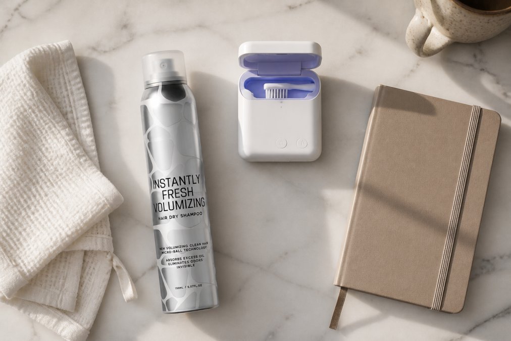Flat lay of curated morning essentials arranged on a clean white marble surface: a dry shampoo spray can, a compact UV toothbrush sanitizer, a skincare cloth, and a small journal, in soft natural light