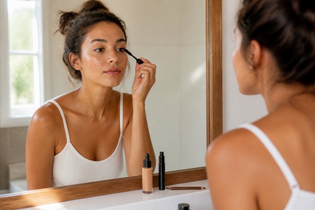 Woman applying minimal, essential makeup at a bathroom mirror with only three to four key products visible on the counter, natural morning light streaming through the window