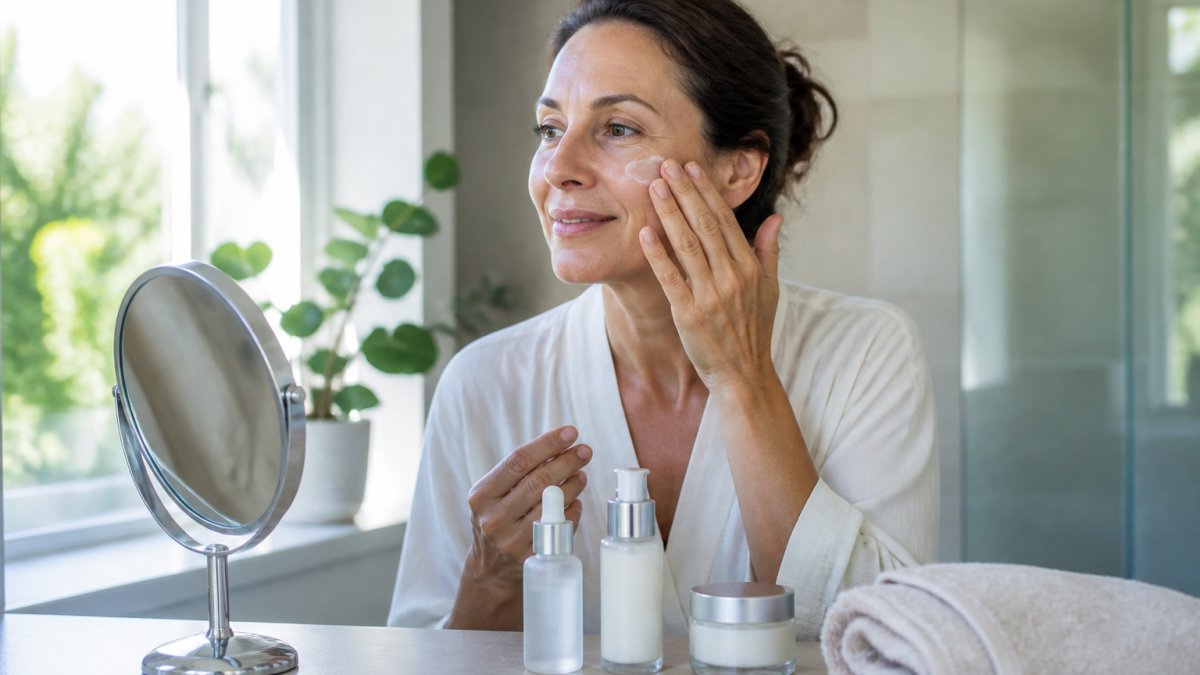 A woman in her 40s applying moisturizer at a bathroom vanity, with a small lineup of three skincare products and a soft towel nearby, natural morning light