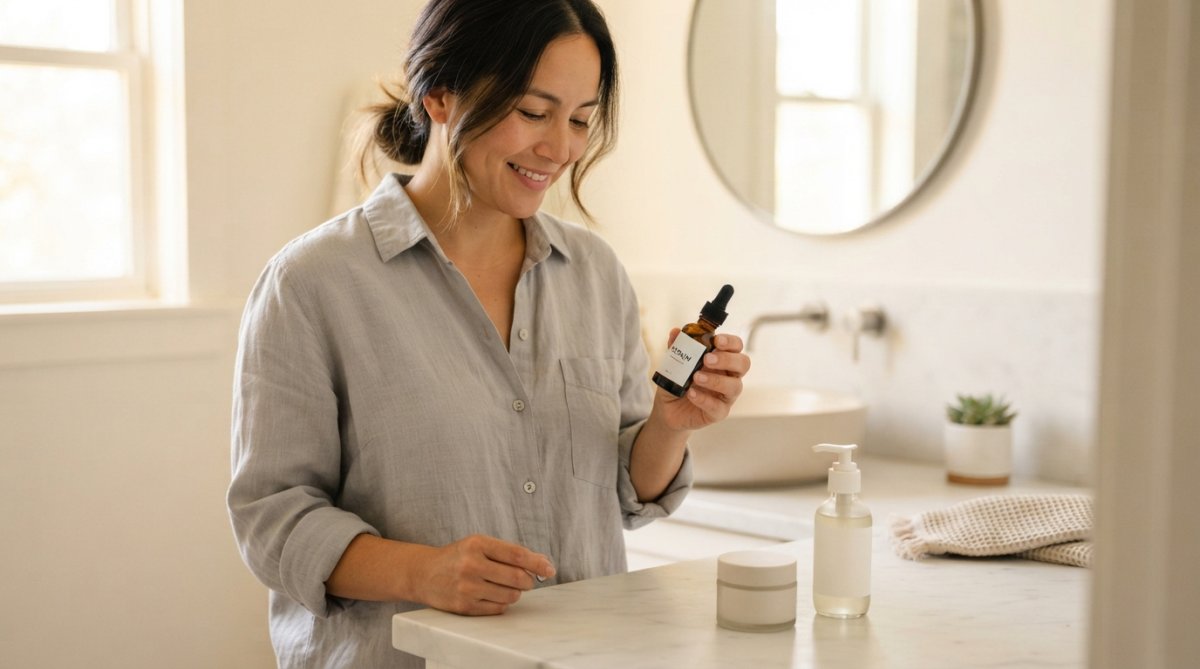 A person in a bright bathroom holding a single amber glass serum bottle, looking relieved, with a minimal counter containing only three skincare products
