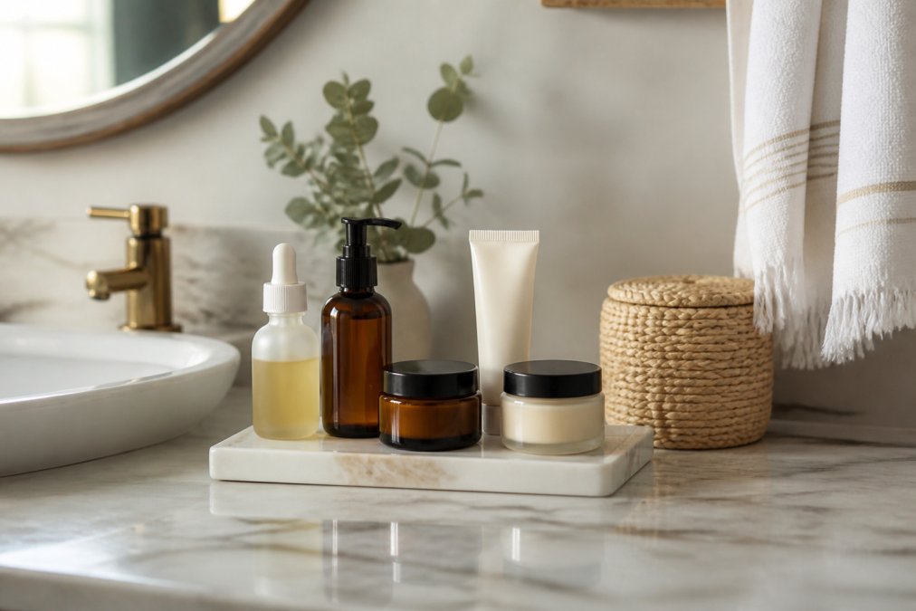 Bathroom counter with organized skincare products neatly arranged in a minimalist display, showing a few high-quality bottles and jars against a clean, bright background with natural lighting