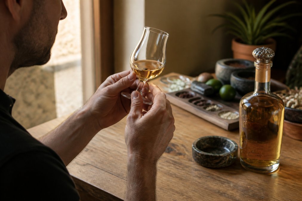 Close-up of hands holding a snifter glass with amber reposado tequila, light streaming through the liquid, person examining the colour and viscosity against a neutral background