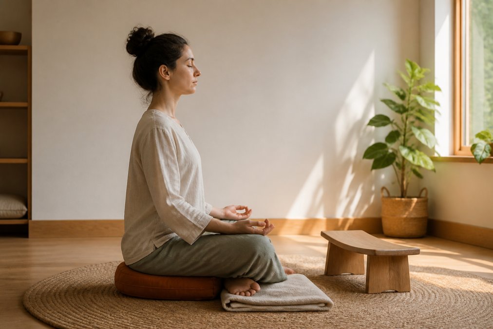 A person sitting cross-legged on a round buckwheat meditation cushion in a calm, sunlit room, spine tall, hands resting on knees, with a folded blanket under the ankles and a low wooden meditation bench visible nearby
