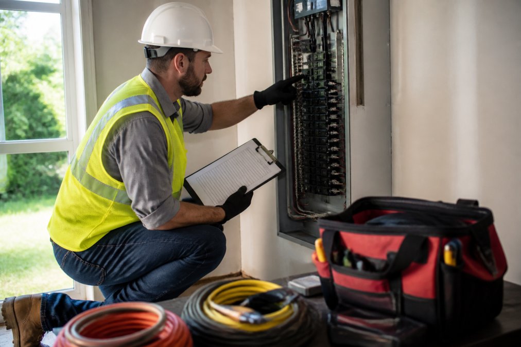 A licensed electrician in work boots and a safety vest points to circuit breakers in a residential electrical panel while holding a clipboard with a wattage worksheet, natural daylight coming through a nearby window